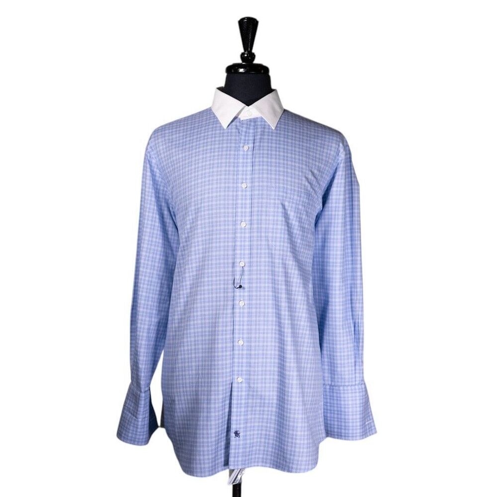 Hart Schaffner Marx Mens Dress Shirt Button Blue Plaid Cotton Non Iron 17.5 34